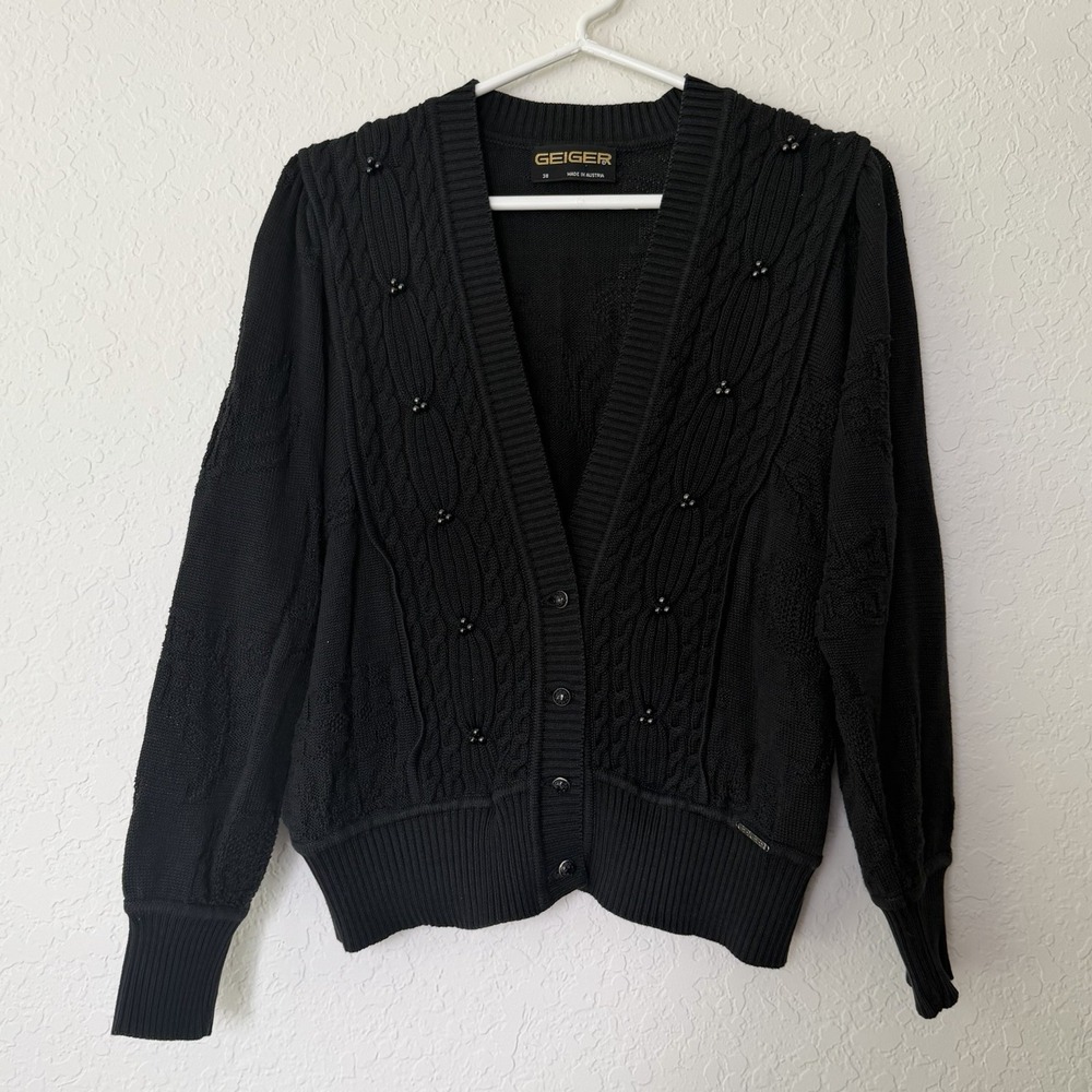 Geiger Austria Cardigan Sweater Women Sz 38 Medium Black 100% Cotton Cable Knit